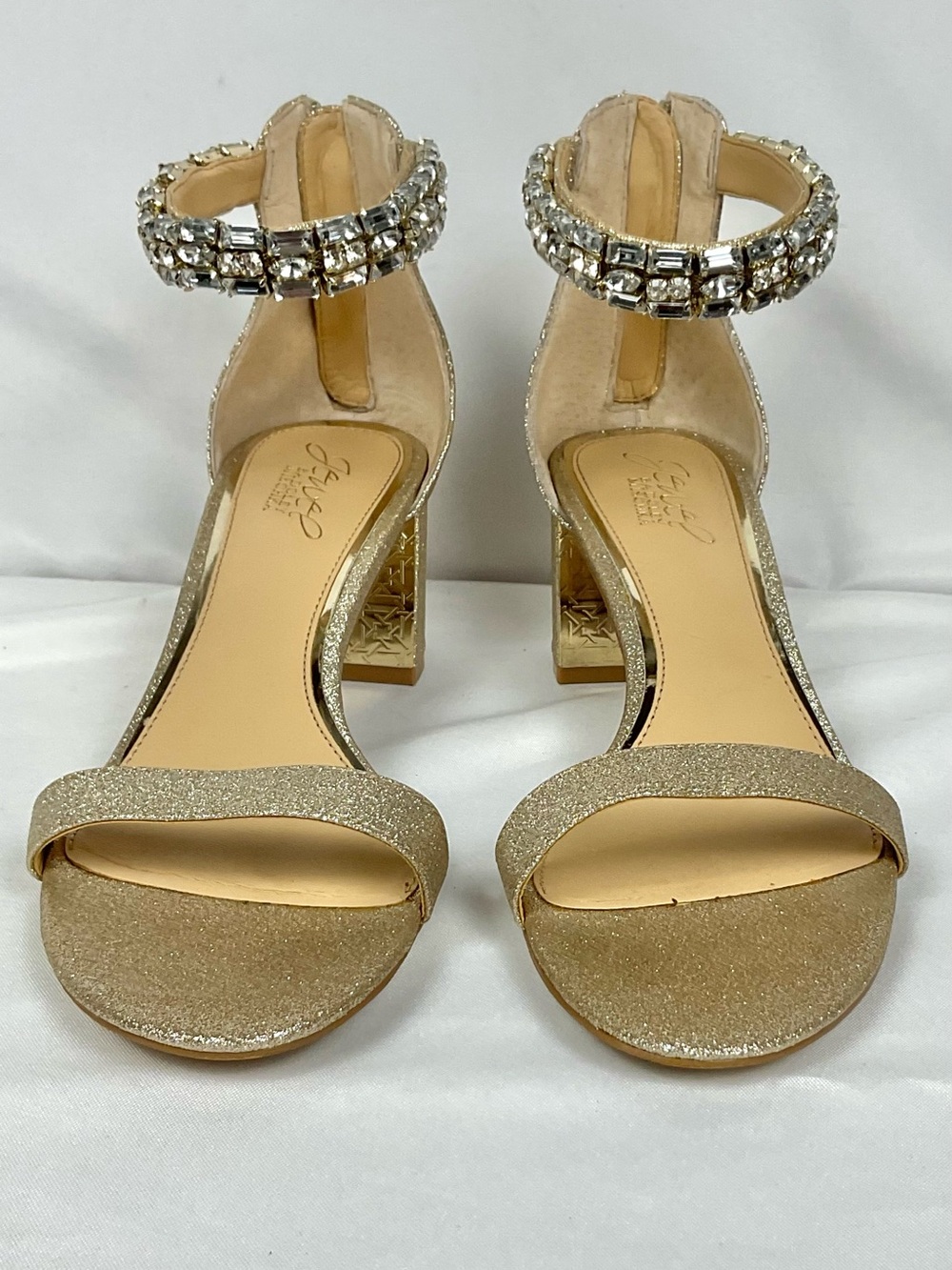 Jewel Badgley Mischka Katerina Sandals Gold Ankle Strap Pumps Shoes Sz 8.5
